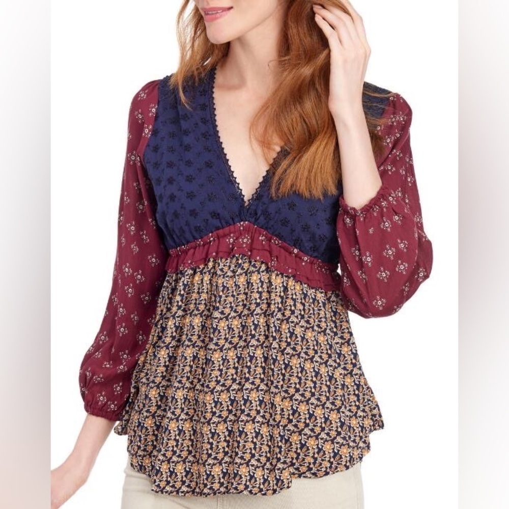 ANGIE Mixed Print Peasant Blouse Size L